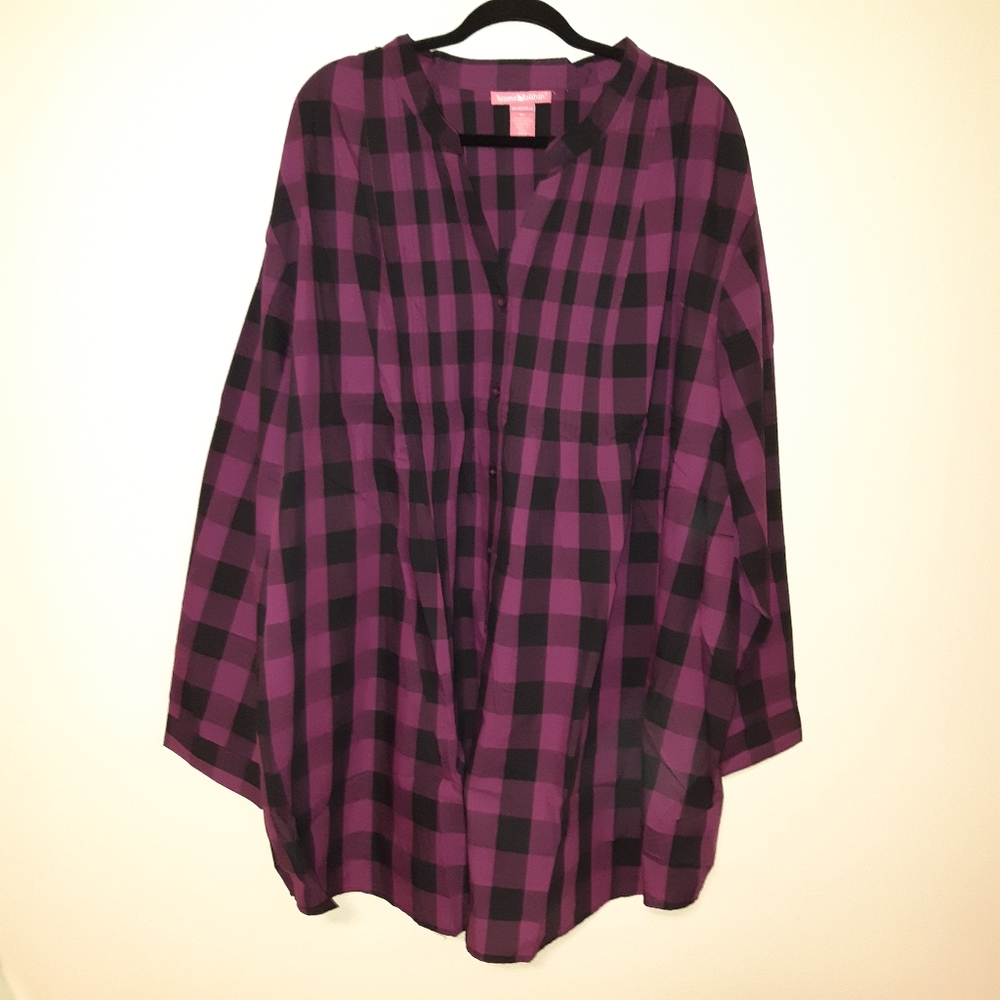 Woman Within, 5X Violet / black plaid blouse NWOT